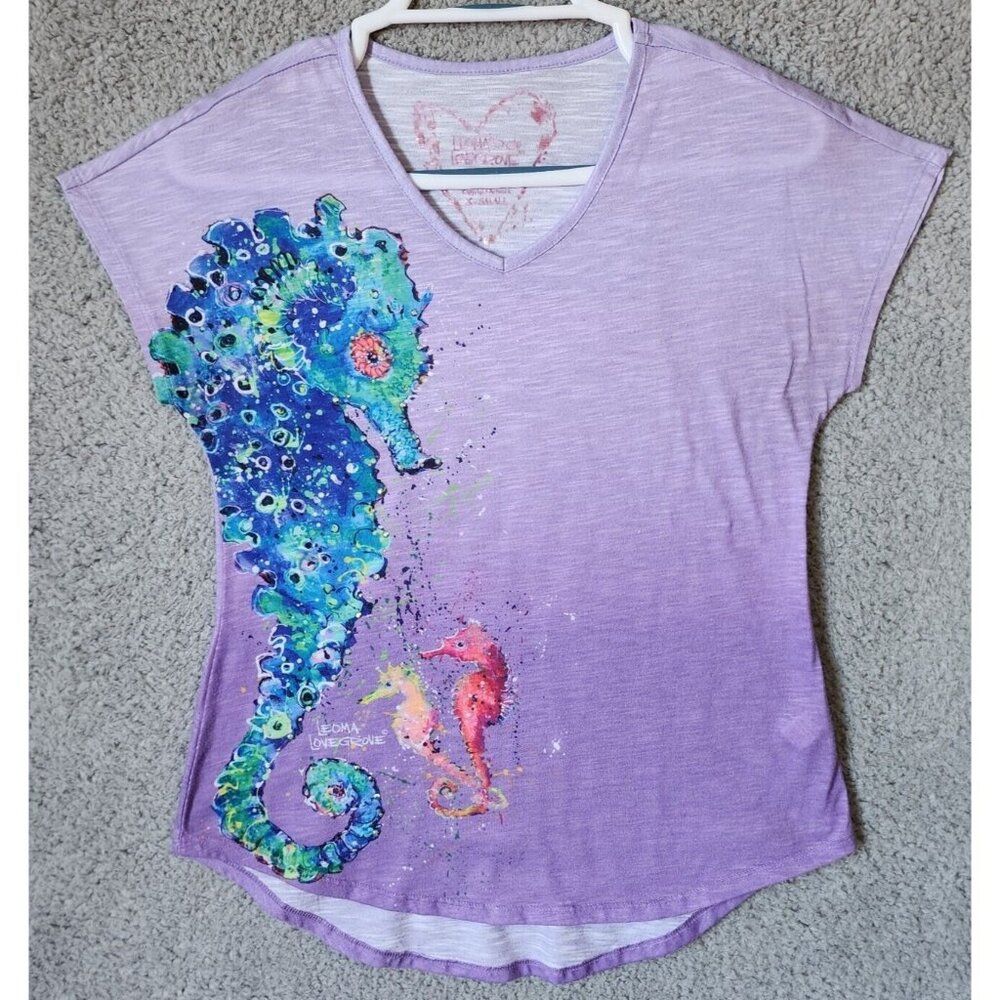 Leoma Lovegrove Women's Short Dolman Sleeve T Shirt Seahorse Print Purple Sz XS